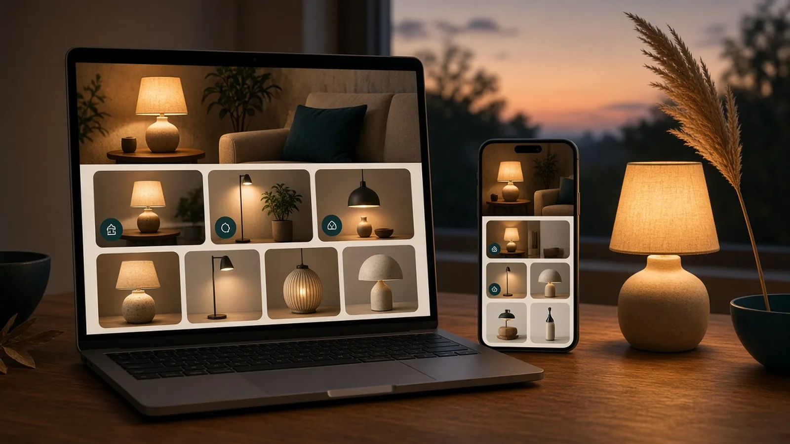 Concept Amazon Brand Store for Lumina, a fictional lighting brand, shown on a laptop and phone