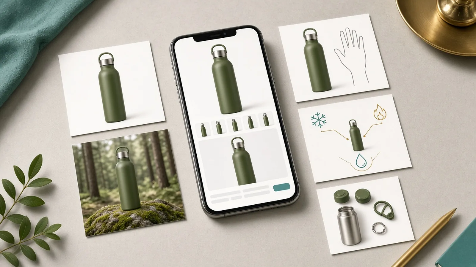 Concept listing image set for Wildroot, a fictional outdoor bottle brand, shown on a phone and printed cards