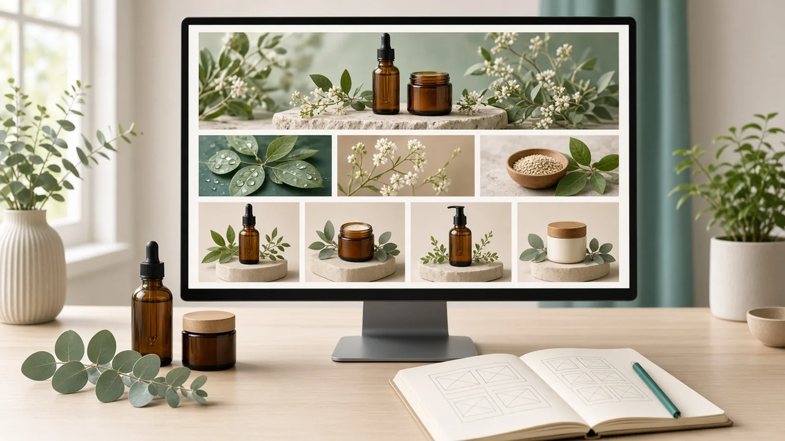 A+ Content modules for a skincare range on a desktop monitor, with wireframe sketches in a notebook