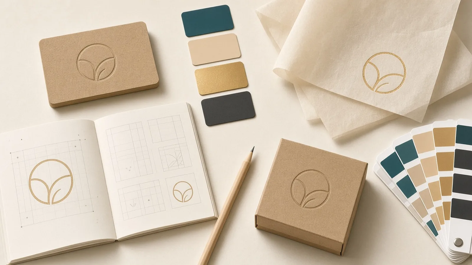 A brand identity board with a symbol on business cards and packaging, color swatches and guideline pages