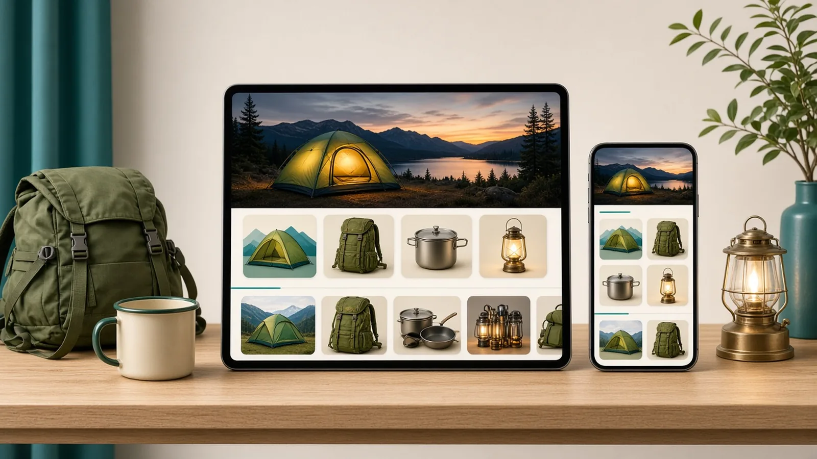 An Amazon Brand Store layout for an outdoor gear brand shown on a tablet and phone