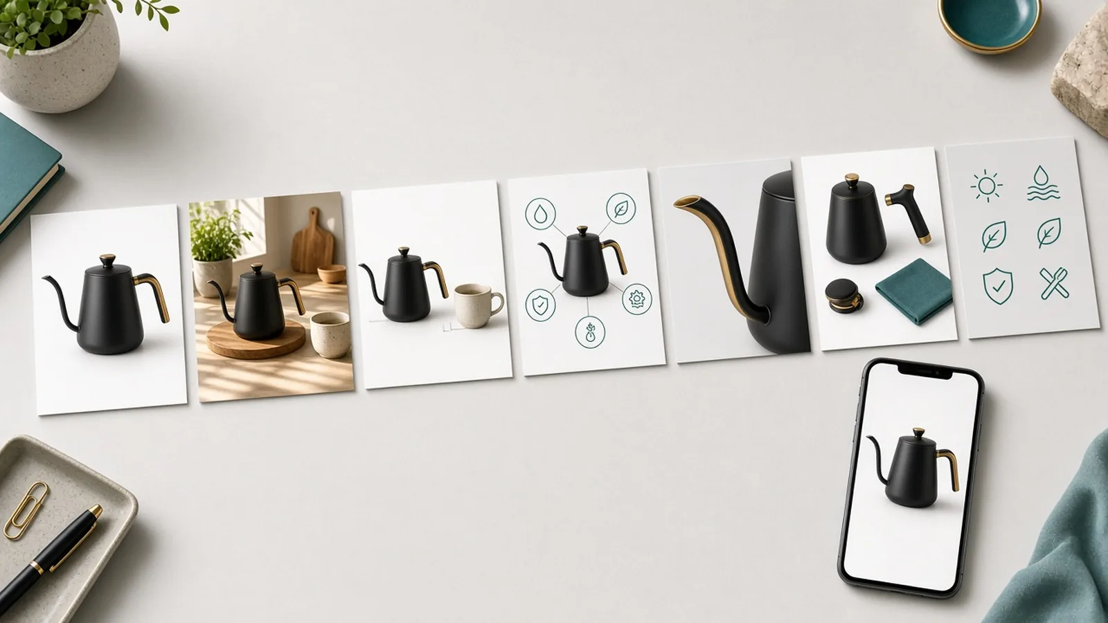 A sequenced set of Amazon listing images for a pour-over kettle: main image, lifestyle, size, features, detail, contents and care