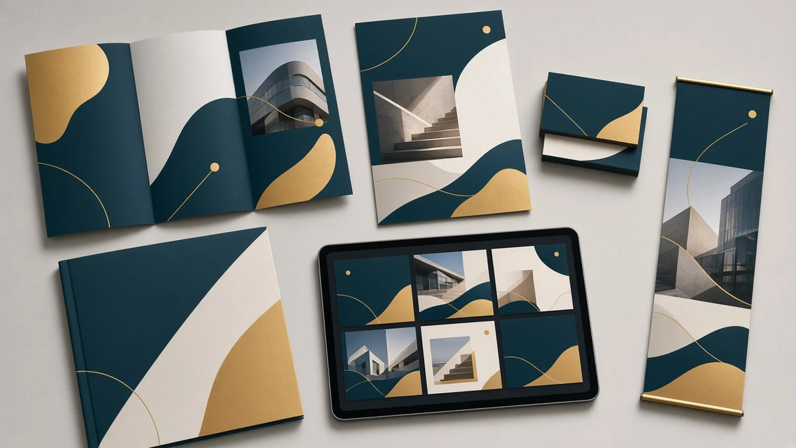 A coordinated print collateral set: brochure, sell sheet, business cards, deck and banner in one layout system