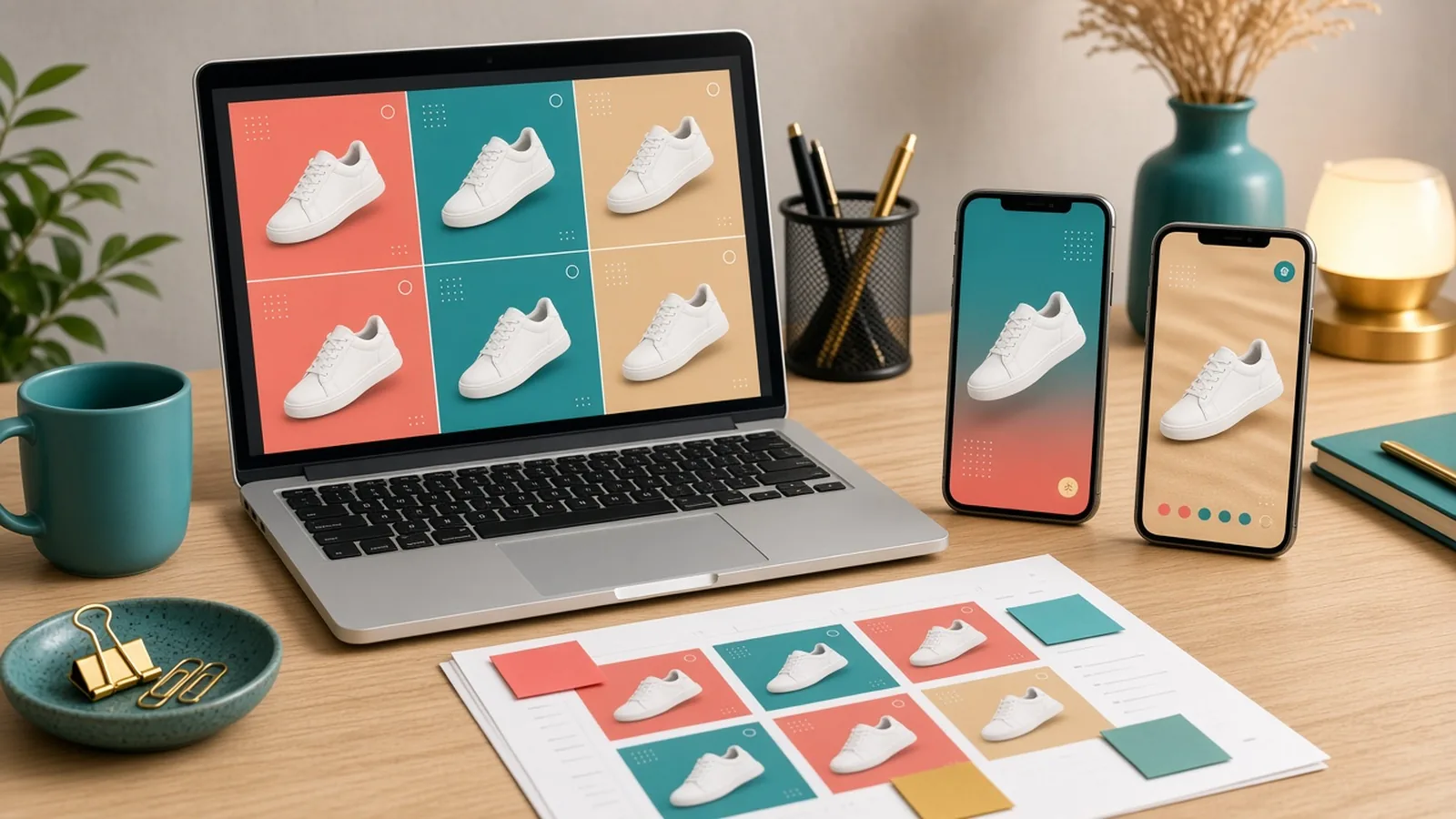 Social ad variations for a sneaker in several colors and sizes on a laptop and two phones
